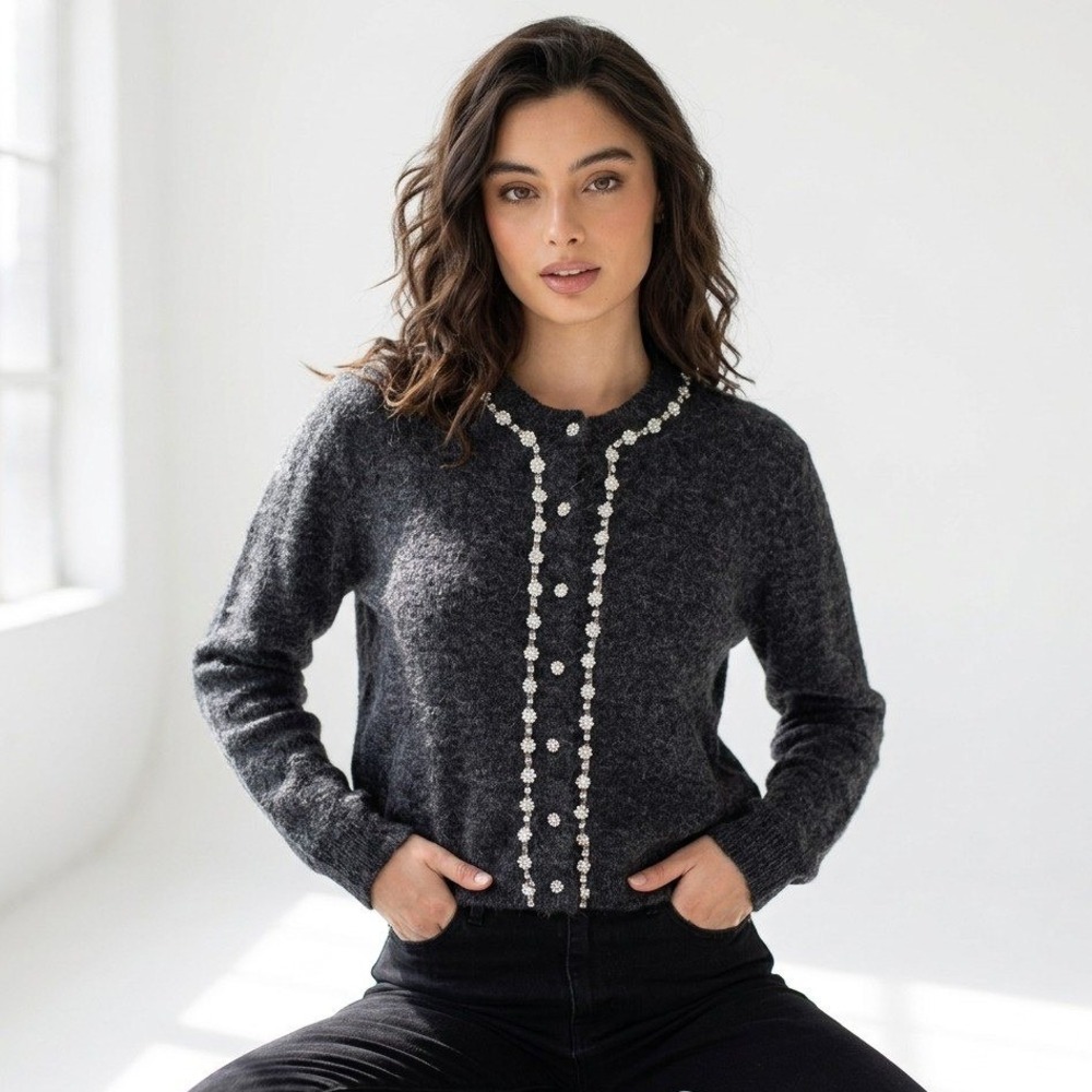 Maeve Anthropologie Charcoal Gray Embellished Floral‎ Rhinestone Cardigan XS